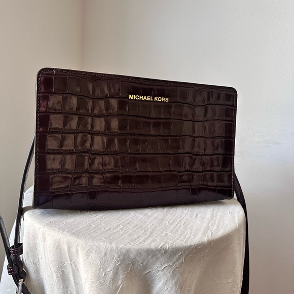 Michael Kors Crocodile Embossed Leather Crossbody or Clutch, Burgundy - Picture 3 of 8